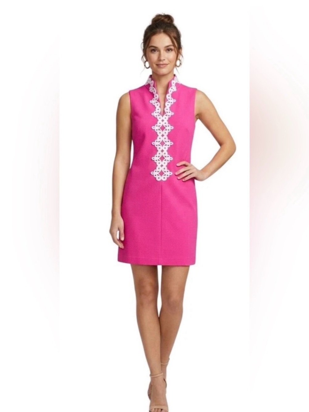 Vince Camuto Hot Pink Sleeveless Shift Dress with White Lace Placket